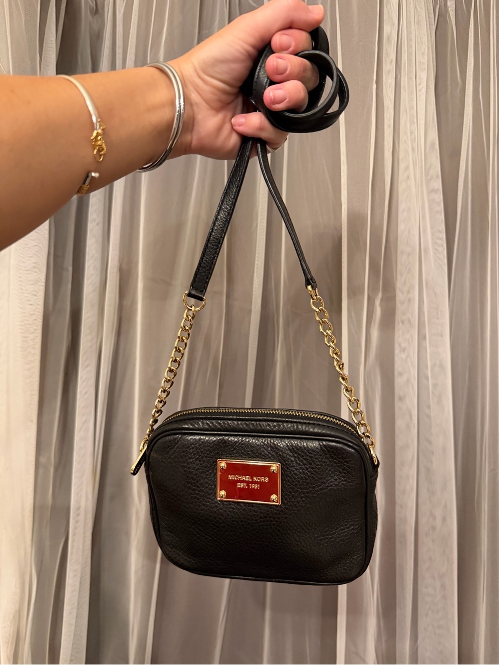 Michael Kors Black Leather Chain Strap Crossbody Camera Bag Gold Hardware